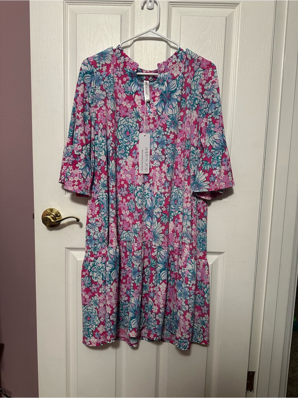 Dear Scarlett Large NWT Floral Tiered Short Sleeve Dress - Pink & Teal
